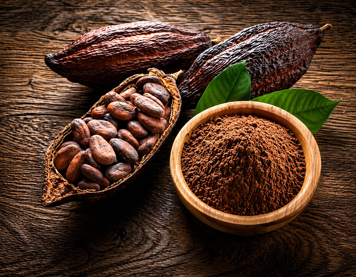 Cocoa powder in a wooden bowl alongside cacao pods and beans
