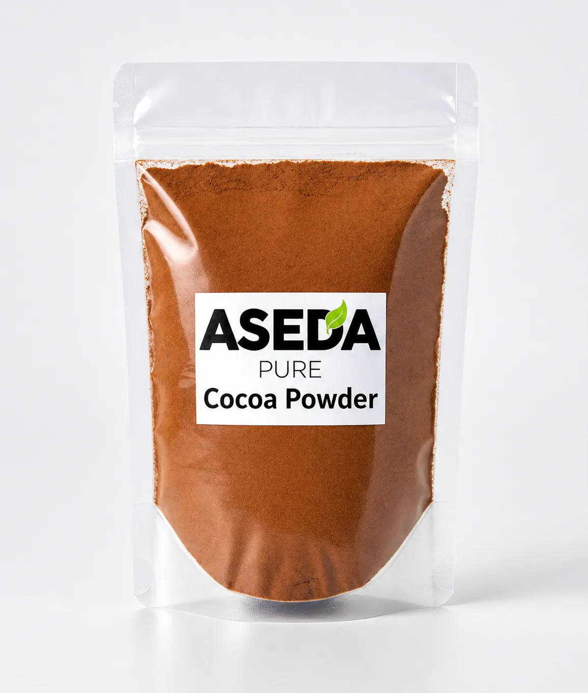 Aseda Pure cocoa powder in its resealable pouch